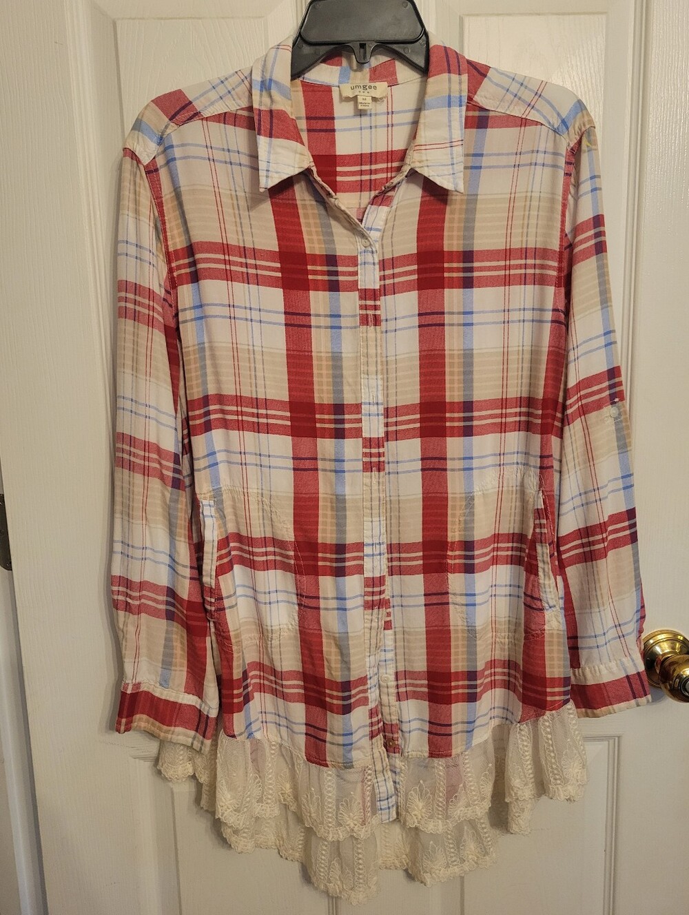 Umgee Red Beige Blue Plaid Tunic with Lace Trim